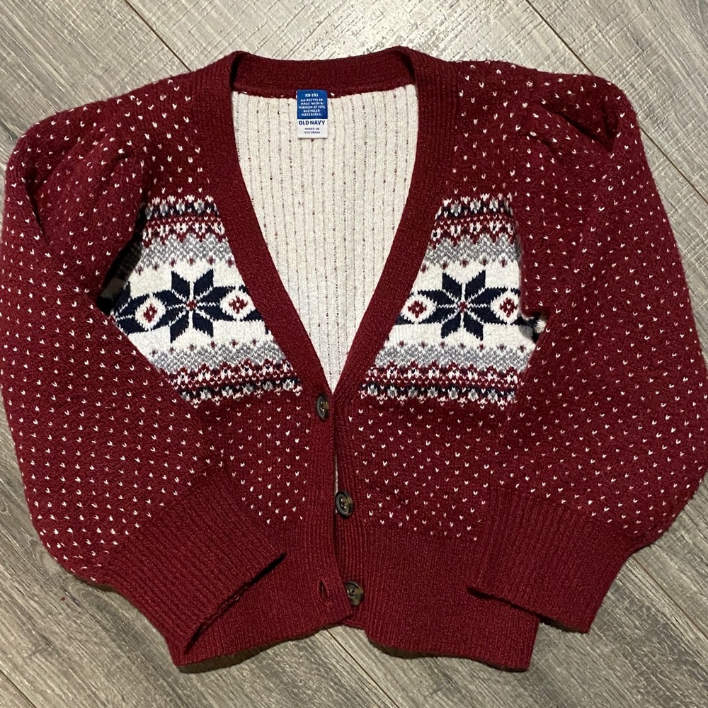 Old Navy Dark Red Snowflake Cardigan Sweater